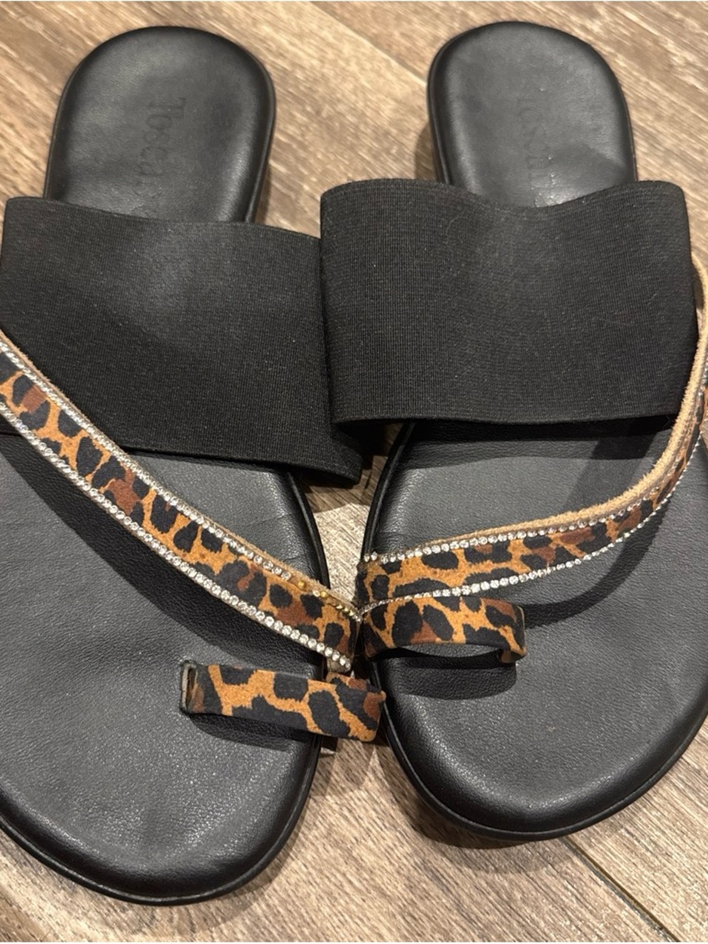 Black Slide Sandals with Leopard Accent and Rhinestone Strap